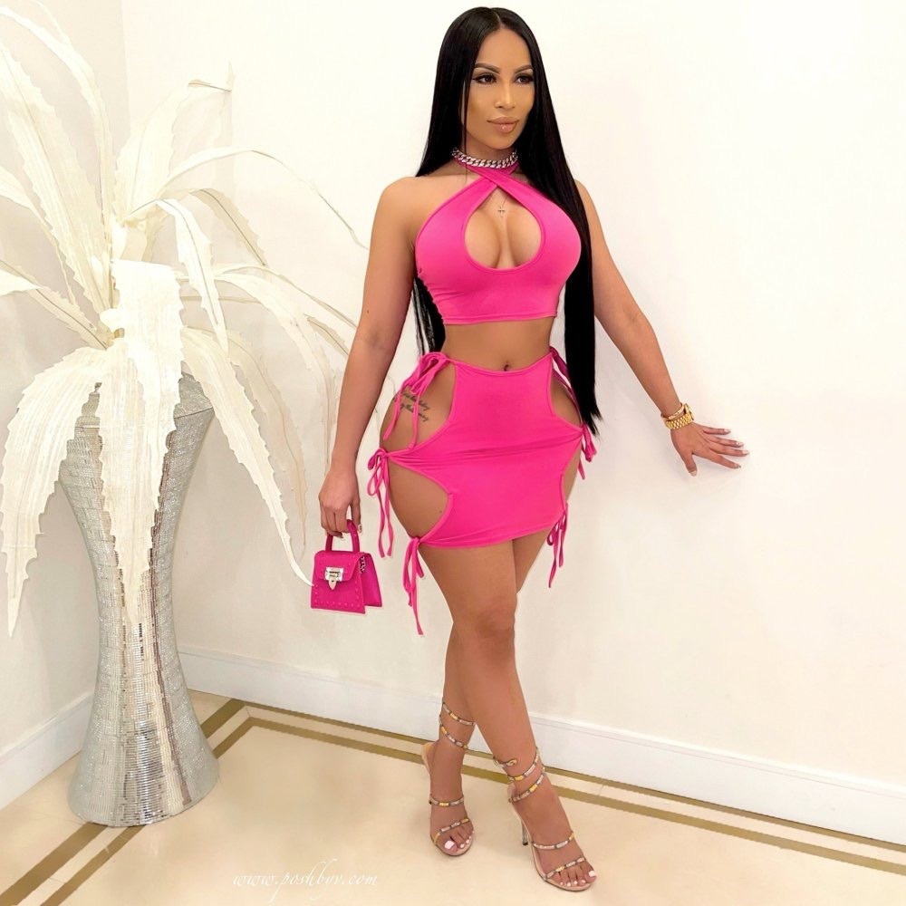 Sexy pink cut out two piece skirt set.